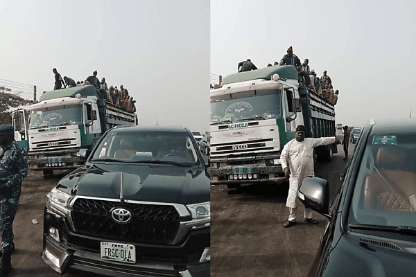 BREAKING: FRSC Boss Stopped His Convoy To Arrest Overloaded Truck With Goods And Passengers