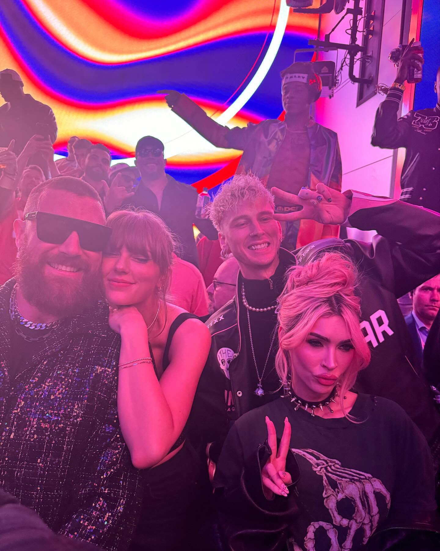 Travis Kelce, Taylor Swift cozy up to Megan Fox, MGK in new double date photo from Super Bowl party