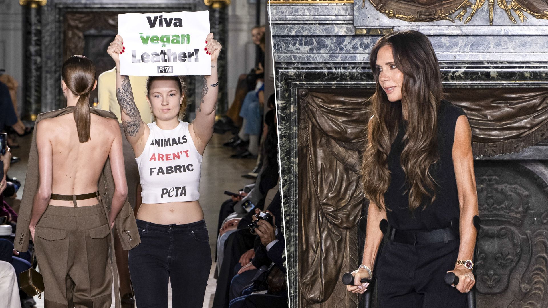 Victoria Beckham triumphs over injury and protests at Paris Fashion Week