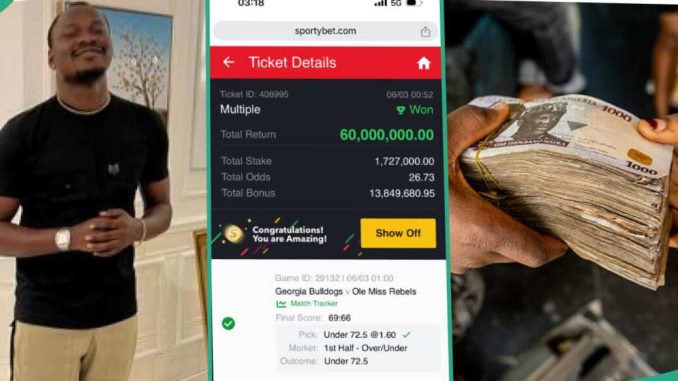 JUST IN: “This is Grace”: Man Wins N60 Million on Sporty Bet Just Few Hours After Winning N102m on Bet9ja