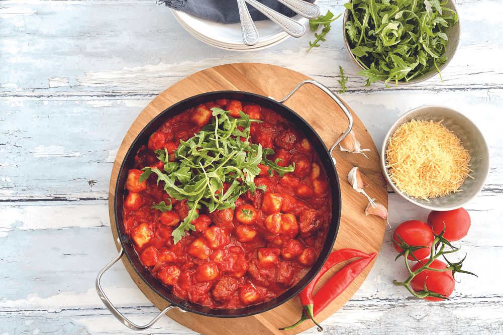 One-Pan Spicy Gnocchi & Meatballs