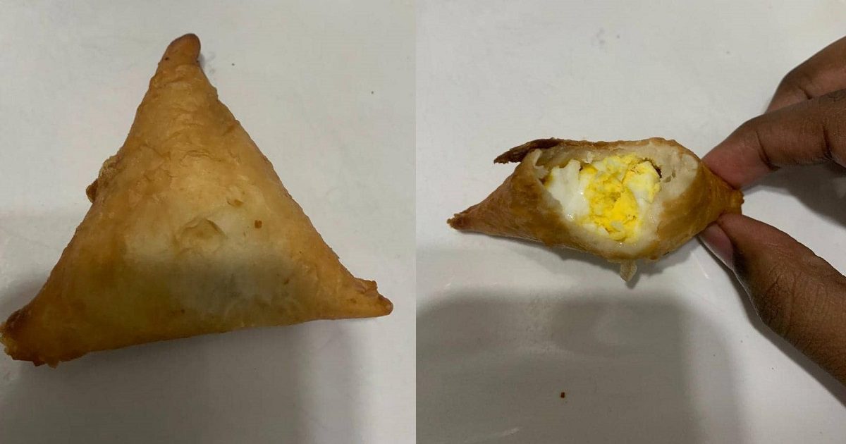 “You made egg puffs” – Reaction as man shows off the filling in the samosa he made