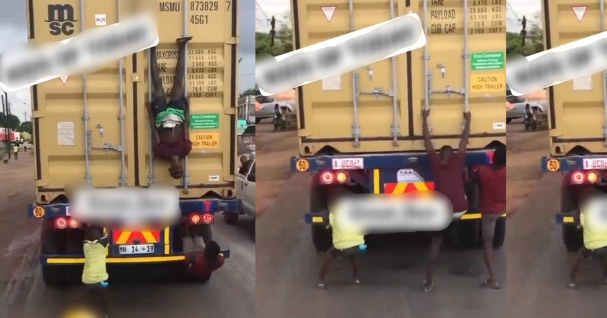 “Drivers should have canes in their cars” – Viral Video of Kids performing stunts on a moving truck in Ghana(WATCH)