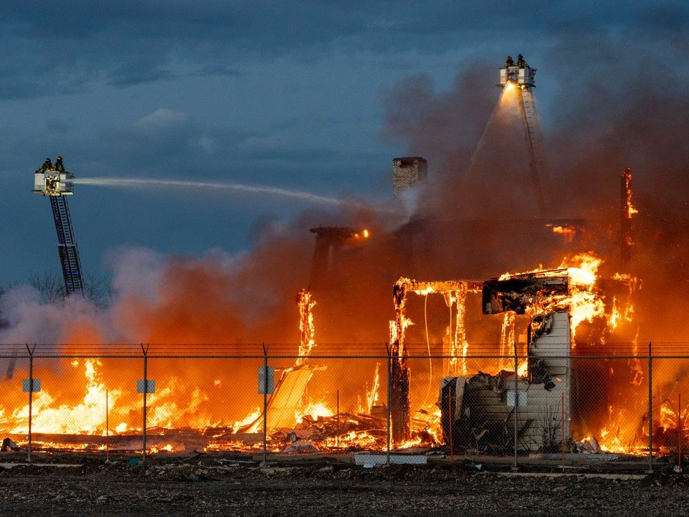 Edmonton’s historic Hangar 11 at Blatchford goes down in flames Monday night