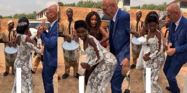 Reactions as Nigerian lady weds elderly white lover, dances joyfully with him (Video)