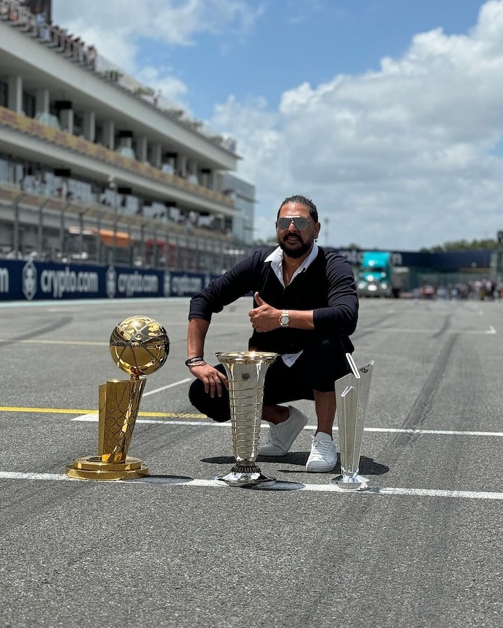 Yuvraj Singh shows off World Cup trophy at Miami GP