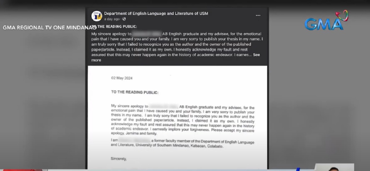 Ex-professor sa Cotabato, nag-sorry matapos ipangalan sa kaniya ang thesis ng dating estudyante